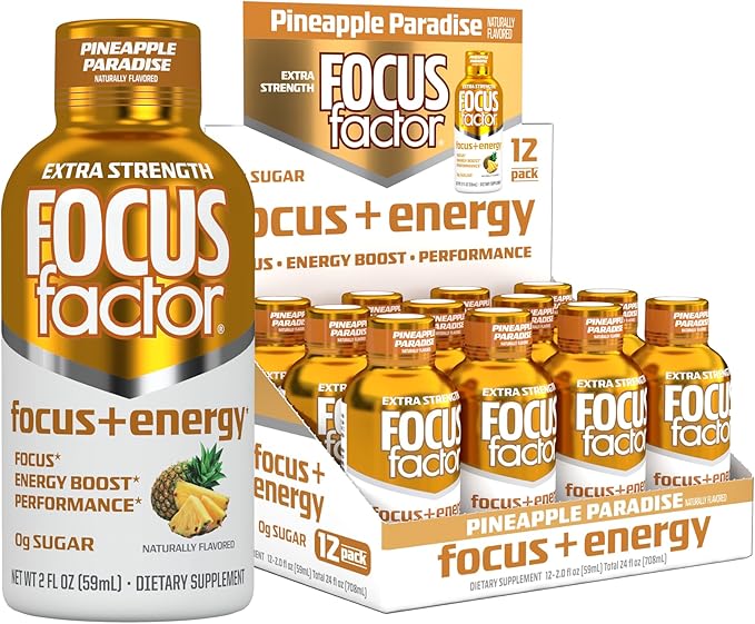 Focus Factor Extra Strength Focus + Energy Shots - 12 x 2oz Bottles (Pineapple Paradise Flavor) - Powered by Nootropics with Caffeine L-Theanine Ginkgo Bacopa L-Tyrosine Alpha GPC