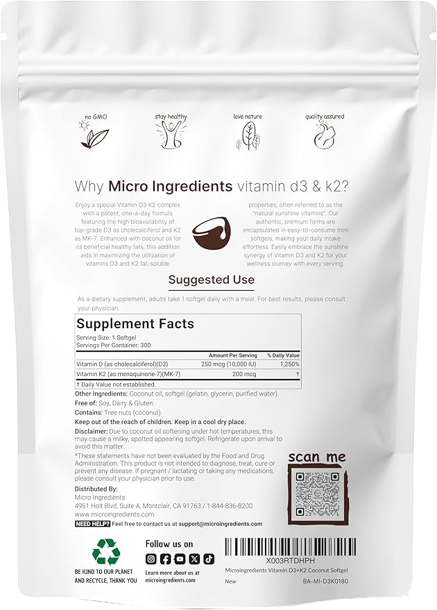 Micro Ingredients Vitamin D3 10000iu + K2 200mcg Coconut Oil Softgels &amp Instant Colostrum Powder Bundle 2 Pack | Essential Sunshine Vitamins | Grass-Fed Bovine Mother’s First Milk