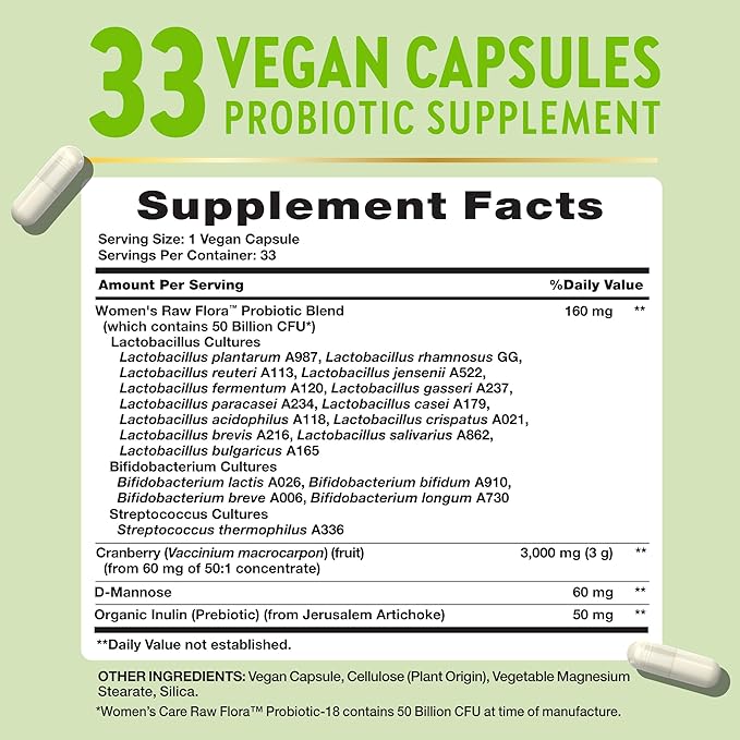 Probiotics for Women | 50 Billion CFU | 33 Capsules | with Cranberry and D-Mannose | Vegan Non-GMO &amp Gluten Free Supplement