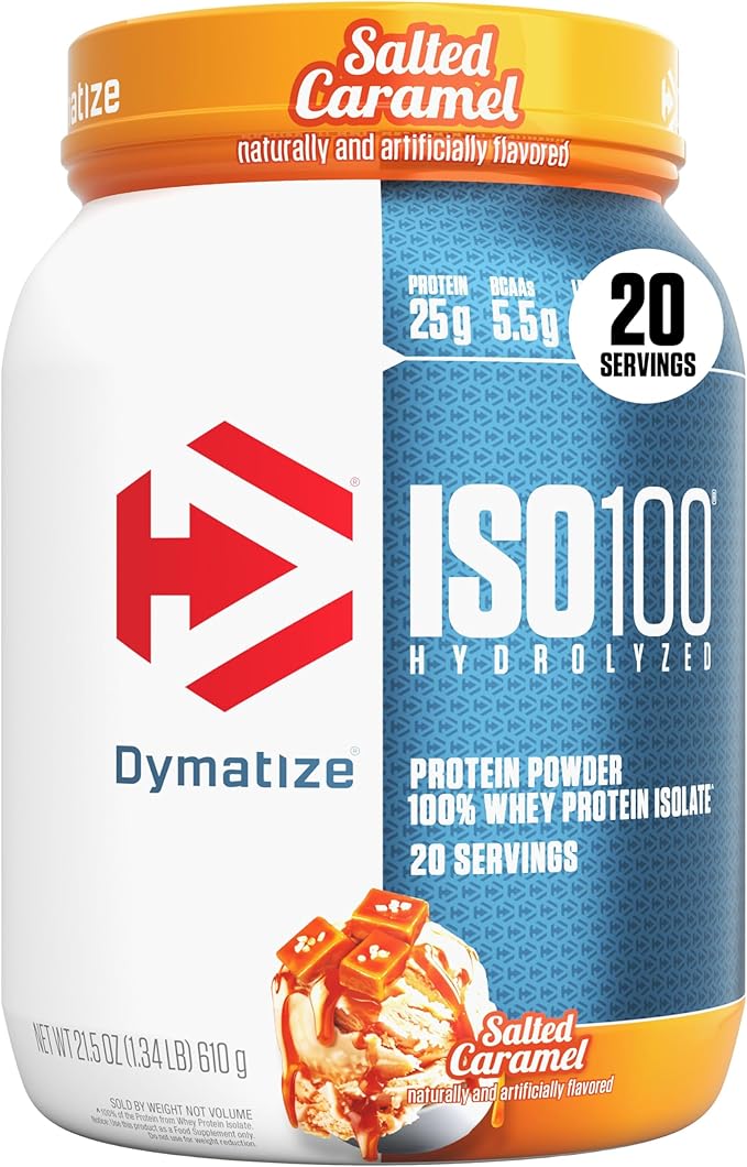 Dymatize ISO100 Whey Protein Powder Isolate Salted Caramel 25g of Protein 5.5g BCAAs Less Than 120 Cal. Gluten Free 1g Fat 1g Sugar 2g Carb (20 Servings)