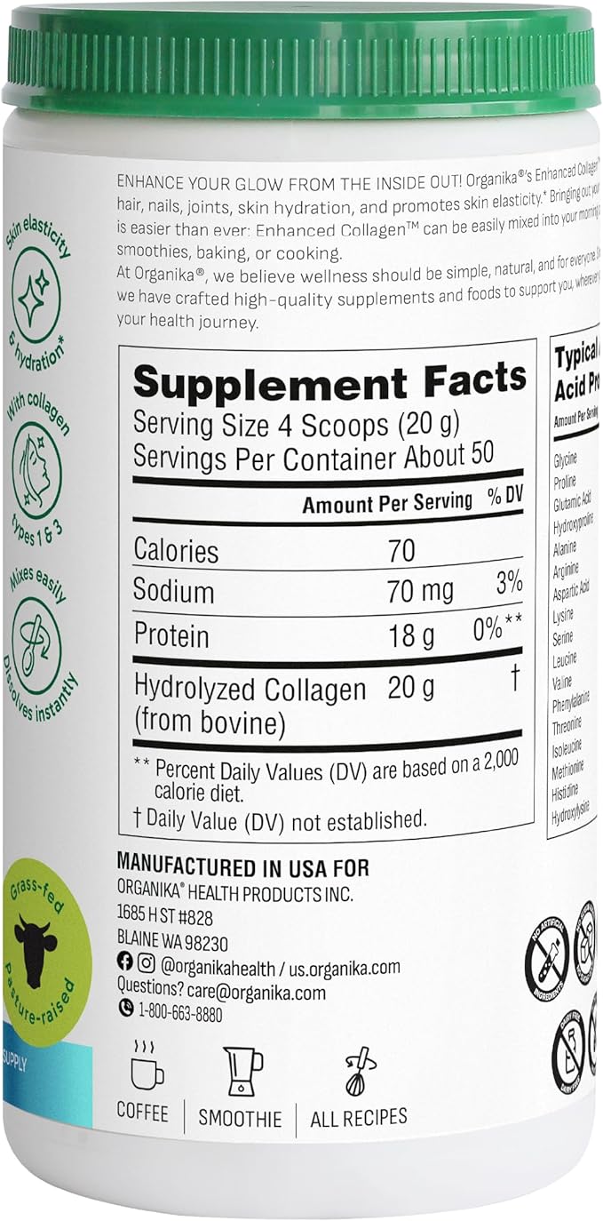 Organika Collagen Powder - for Healthy Hair Skin Nails and Joints. Hydrolyzed Protein Peptides for Better Absorption- Grass-Fed Non-GMO- Unflavoured- 2.2lbs