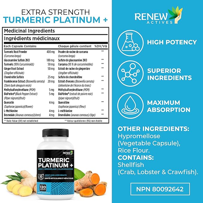 Renew Actives Turmeric Platinum 1350MG per 3 Capsules with Black Pepper &amp Ginger – Antioxidant Liver &amp Digestive Support – Reduces Inflammation &amp Boosts Immunity – Made in Canada – 120 Ca