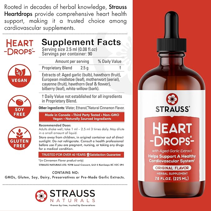 Strauss Naturals Heart Drops – Heart Health Supplements with Garlic Supplements &amp Premium Aged Garlic Extract to Help Maintain a Healthy Cardiovascular System - Vegan &amp Non-GMO – Original 225