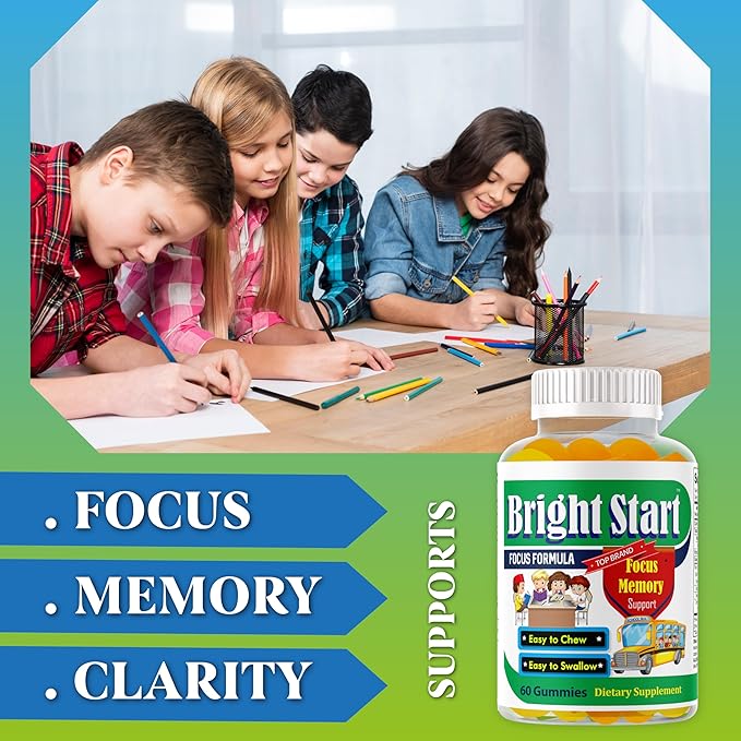 BrightStart Focus Gummies for Kids with Omega 3 EPA DHA – Brain Vitamins Supports Focus Memory &amp Attention for Children &amp Teens | Non-GMO Chewable Supplement 60 Gummies