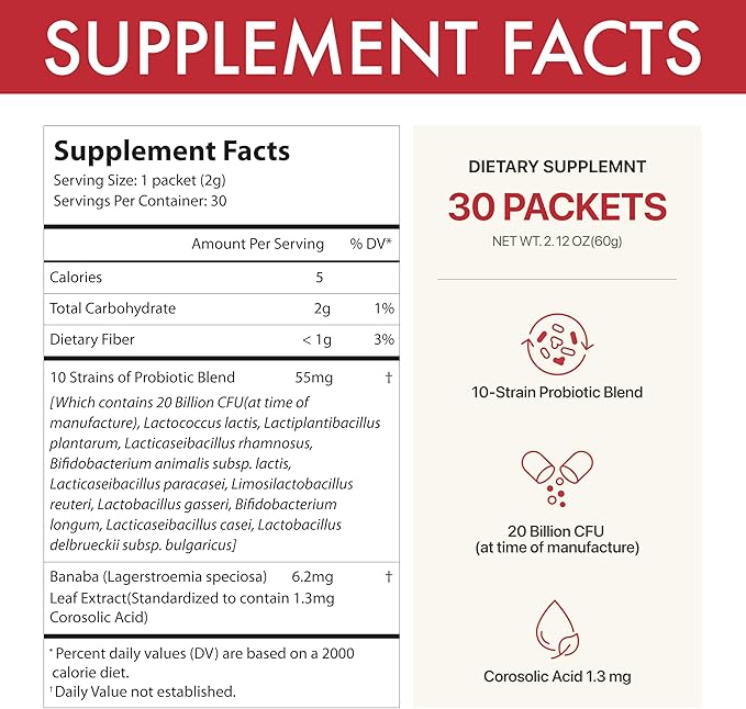 PROBIOTICS for METABOLIC Health – 20 Billion CFU 10-Strain Probiotics &amp Prebiotics Powder Sticks Banaba Leaf Gut Health Immune Support Corosolic Acid Sugar Free (30 Sticks x 2g)