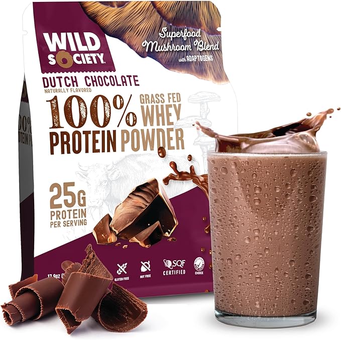 WILD SOCIETY - Premium 100% Grass Fed Whey Protein Powder + Superfood Mushrooms &amp Adaptogens - 25g Protein Clean Protein Powder 0 Added Sugar Non GMO Gluten Free - Dutch Chocolate - 17.9 oz