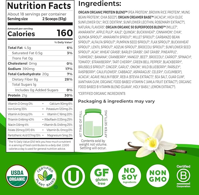 Orgain Organic Vegan Protein + 50 Superfoods Powder Bundle - Creamy Chocolate Fudge &amp Vanilla Bean 21g Plant Based Protein 2.02 lb Each