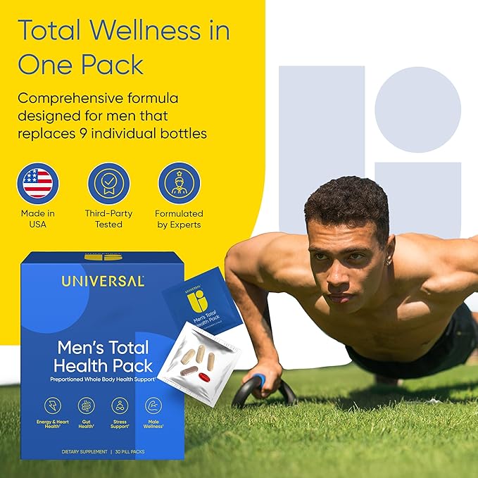 Men's Total Health Daily Vitamin Packs - 22 Essential Minerals &amp Vitamins for Men All-in-One Multivitamin Supplement for Energy Stress Support Heart Gut Health with Krill Oil Adaptogens - 30