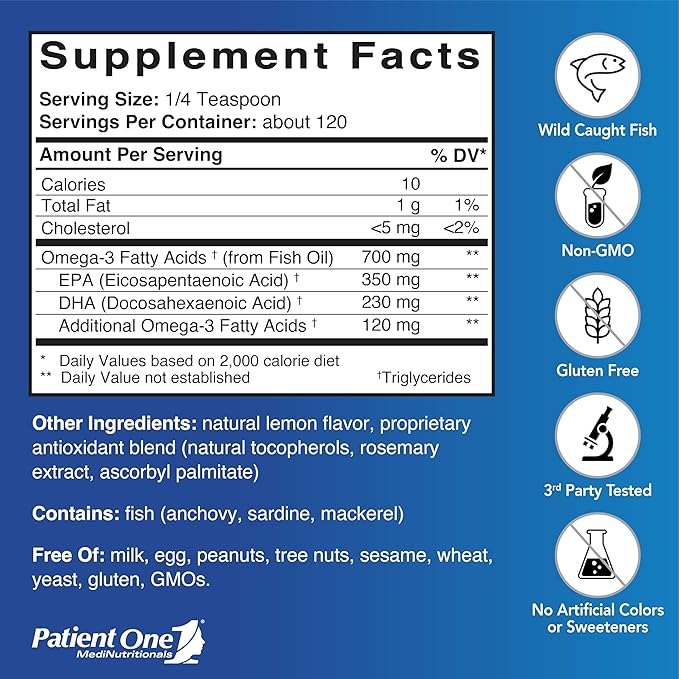 Patient One SHARPkids Omegas Liquid | Supplement to Support Heart Brain and Joint Health* | High-Potency Omega-3 Fish Oil | Lemon Flavor | 5 fl oz