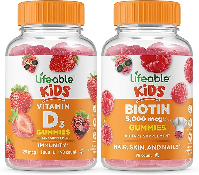 Lifeable Vitamin D Kids + Biotin Kids Gummies Bundle - Great Tasting Vitamin Supplement Gluten Free GMO Free Chewable Gummy