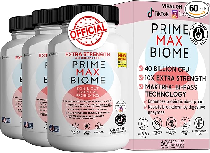 Prime Max Biome Probiotics 40 Billion CFU – Extra Strength Skin &amp Gut Support with MAKTrek® Bi-Pass Technology – 4 Strains + Prebiotics – Non-GMO Gluten-Free 60 Capsules (3)
