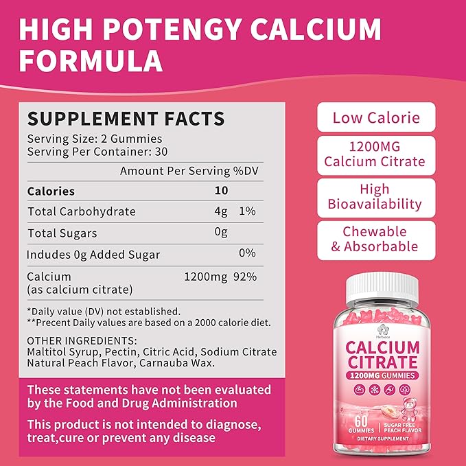 Calcium Citrate Gummies 1200 mg for Adults High Absorption Calcium Supplement for Women &amp Men Sugar Free Non-GMO Gluten Free Supports Muscle &amp Immune - Natural Peach Flavor