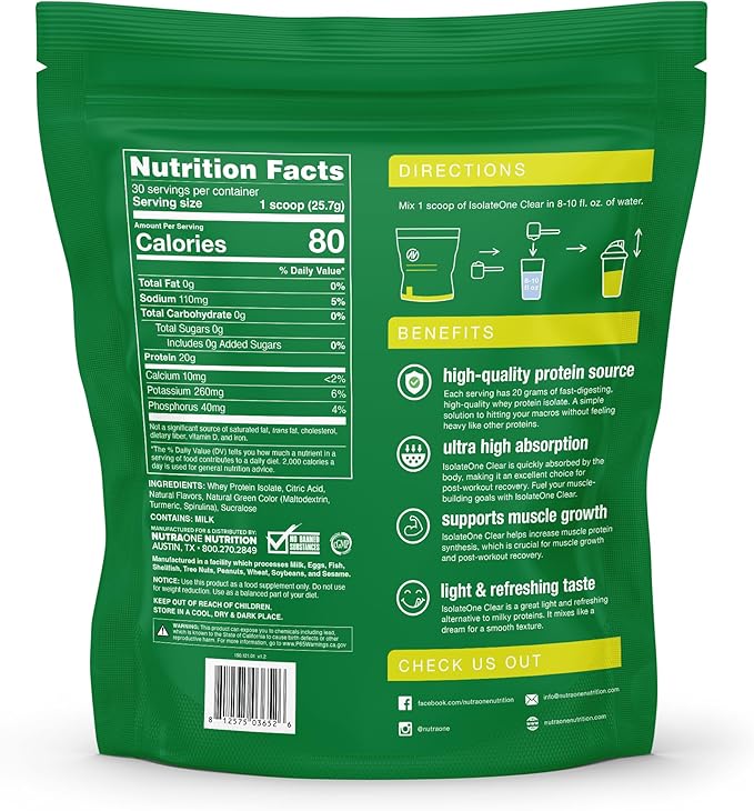 NutraOne Clear Whey Protein Powder Drink Mix Naturally &amp Artificially Flavored Clear Protein Drink 20g of Protein Zero Sugar (Sour Green Apple - 30 Servings)