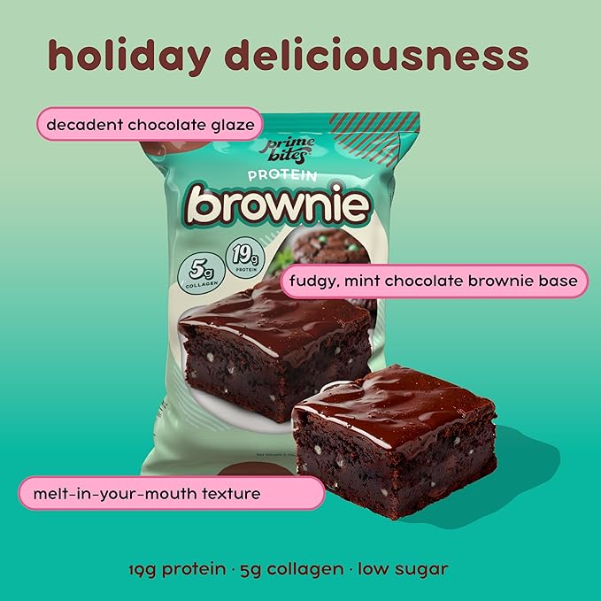 Prime Bites Protein Brownie from Alpha Prime Supplements | High Protein Collagen Fortified Low Sugar Treat | Delicious Snack | 12 Bars per Box (Mint Chocolate Chip)