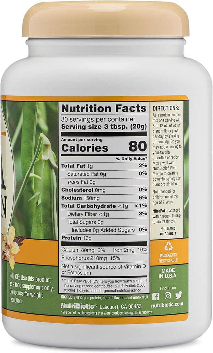 NutriBiotic Pea Protein Vanilla 21 Oz | Low Carb Vegan Plant Protein Powder | 100% Grown &amp Processed in the USA | Deliciously Creamy &amp BCAA-Rich | Made without Chemicals GMOs &amp Gluten | K