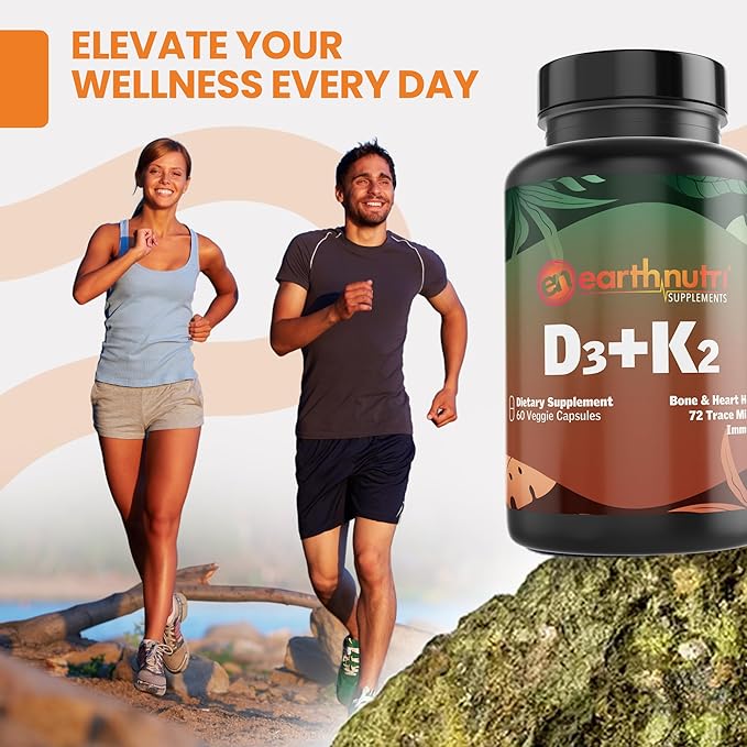 EarthNutri - Vitamin D3 Plus K2 Vitamin Supplement 5000 IU – Includes K2 from MENA Q7 D3 from Vitashine Calcium from Aquamin &amp 72 Trace Minerals – for Immune Bone &amp Heart Health - Non-GMO