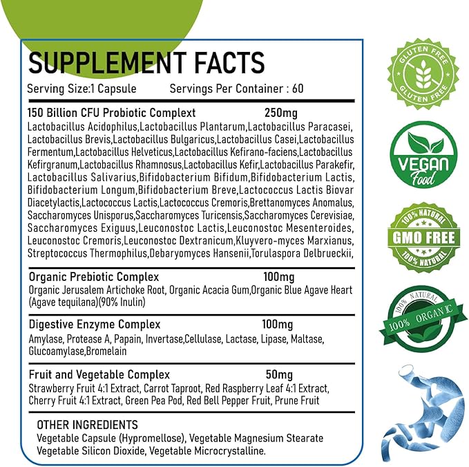Organic Probiotic and Prebiotics150 Billion CFU 34 Strains Digestive Enzymesfor Men and Women 60 Vegan Capsules for Gut Health &amp Digestive Support Non-GMO Gluten Free