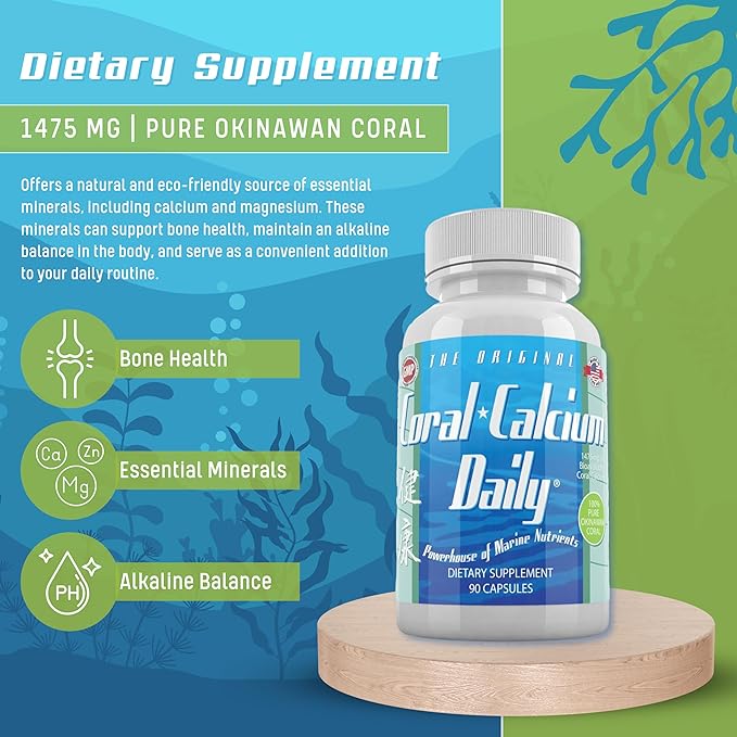 Daily Health Coral Calcium Pure Okinawa - Marine-Grade Supplement with 72 Trace Minerals - 1475mg 90 Vegetable Capsules (1 Month Supply)