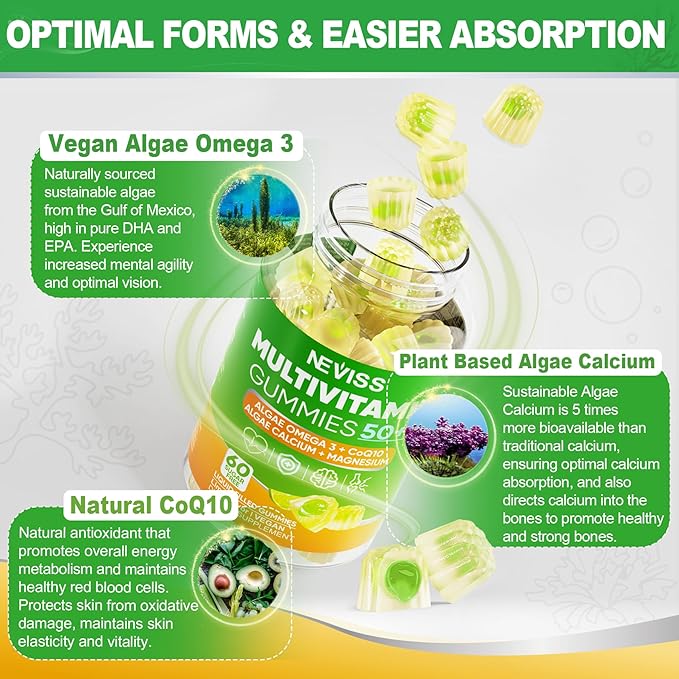 NEVISS 50+ Daily Gummy Multivitamin Algae Omega 3 &amp Calcium CoQ10 Magnesium + Vitamin D3 5000IU Gummies 125mcg with Calcium 600mg K2(MK7) 200mcg