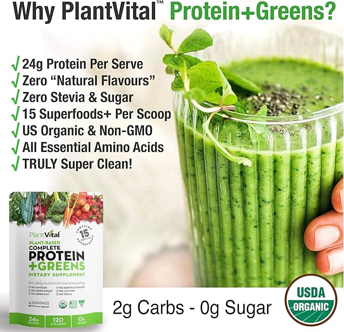Plantvital Unflavored Organic Vegan Protein Powder - 15 Superfoods Veggies and Probiotics - Organic Plant-Based Protein Powder - All BCAA’s Gluten Free - 16oz -1 Pouch