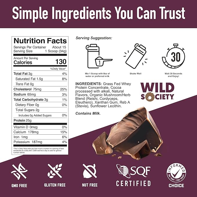 WILD SOCIETY - Premium 100% Grass Fed Whey Protein Powder + Superfood Mushrooms &amp Adaptogens - 25g Protein Clean Protein Powder 0 Added Sugar Non GMO Gluten Free - Dutch Chocolate - 17.9 oz