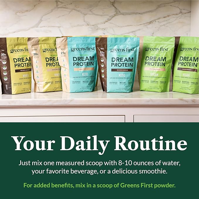 Greens First Dream Protein Powder Whey - 20g Protein Per Serving - Hormone-Free with Prebiotics - Non-GMO - No Artificial Sweeteners/MSG/Aspartame (Caramel Cappuccino 25 oz)