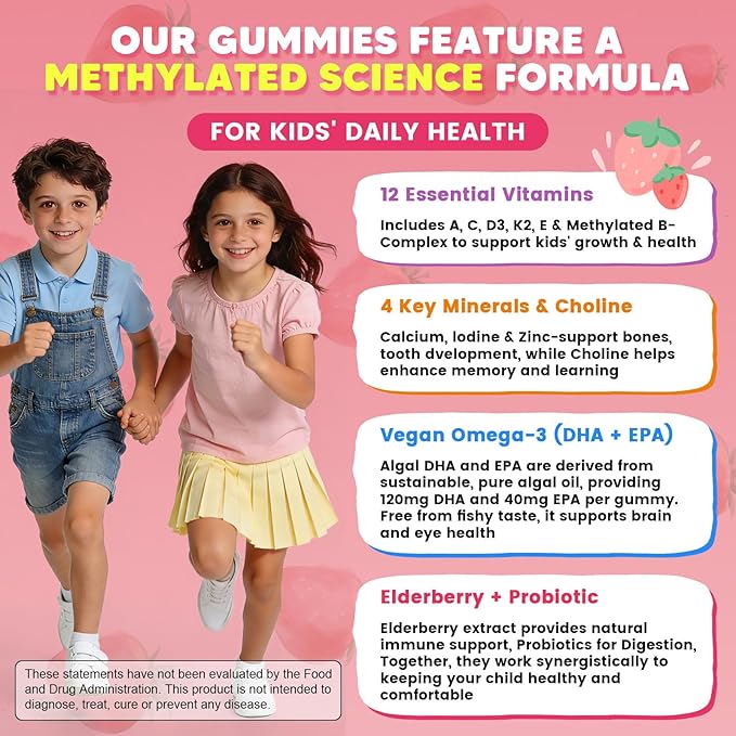 (2 Pack) Kids Methylated Multivitamin Gummies with Omega 3 Multivitamin for Kids 4+ w/L Methylfolate &amp B12 Calcium Probiotics Elderberry 16 Vitamins for Healthy Growth Immune Support Sugar
