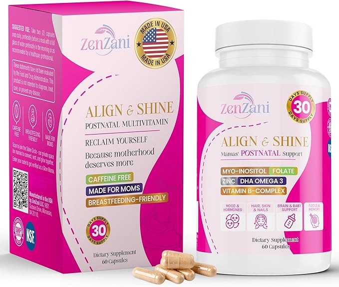 Align &amp Shine Postnatal Vitamins for Women - DHA Iron Folate Vitamin B12 &amp Myo-Inositol | Postpartum Recovery - Breastfeeding Friendly - 1 Month Supply (60 Capsules)