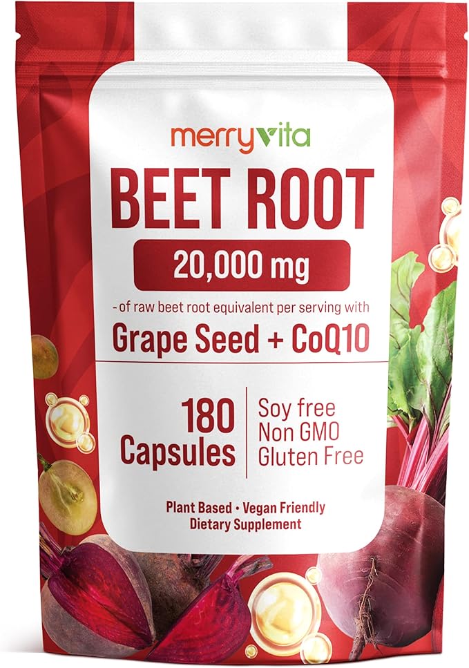 Beet Root Capsules with Grape Seed &amp CoQ10 - Blood Pressure Support Supplement - Nitric Oxide Booster - Super Beets Supplement for Heart Energy Circulation - 180 Vegan Capsules Non GMO