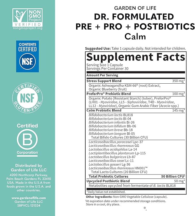 Garden of Life Dr. Formulated PrePost &amp Probiotics Calm 50 Billion CFU Daily 3-in-1 Complete Supplement with Ashwagandha – Mood SupportDigestive &amp Immune Support30 Vegetarian Capsules(Pack