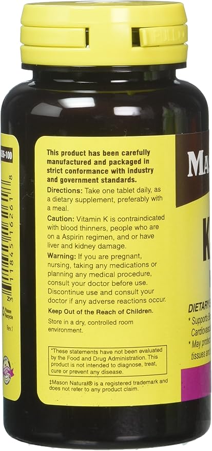 Mason Natural Vitamin K2 100 mcg Plus D3 1000 IU Tablets 100 Count per Bottle Pack of 3 Total 300 Tablets