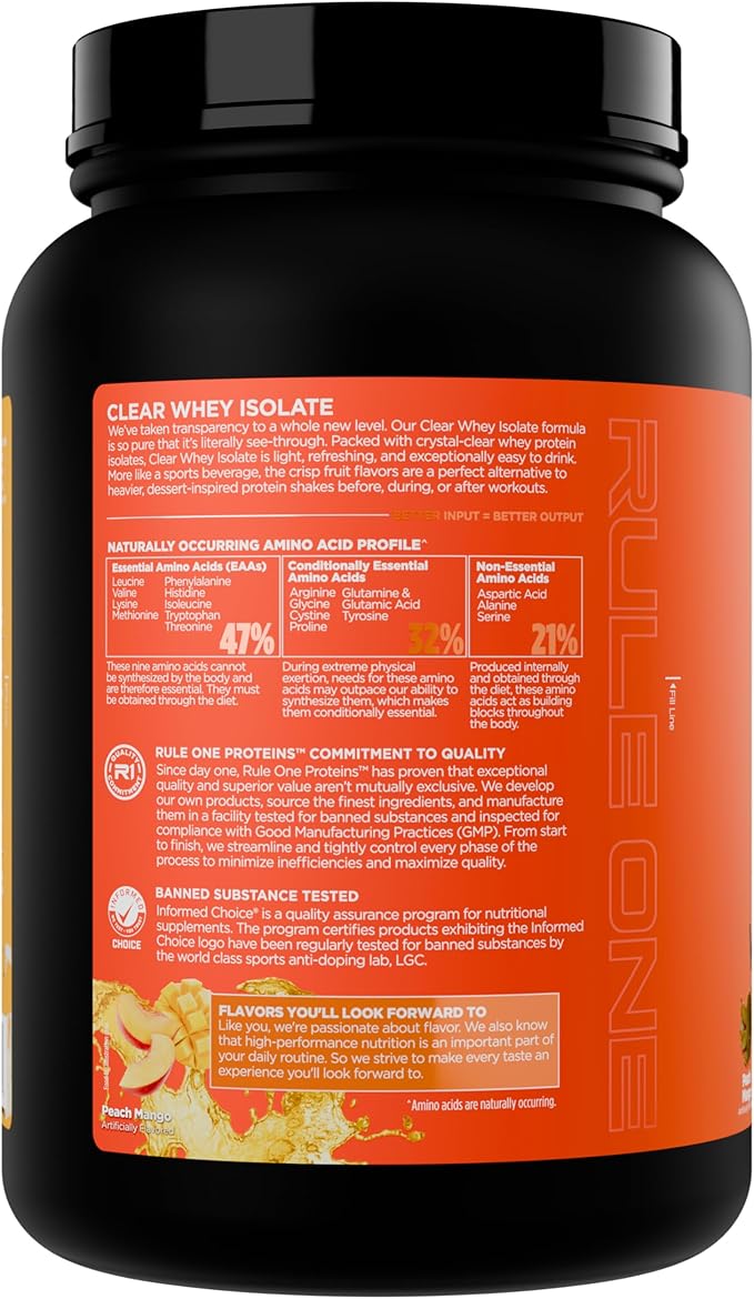 Rule 1 Clear Whey Isolate - 20g All-Whey Isolate Protein Mix Over 9g EAAs 90 Calories Zero Sugar Easy to Digest Light Crisp and Refreshing Taste (27 Servings Peach Mango)