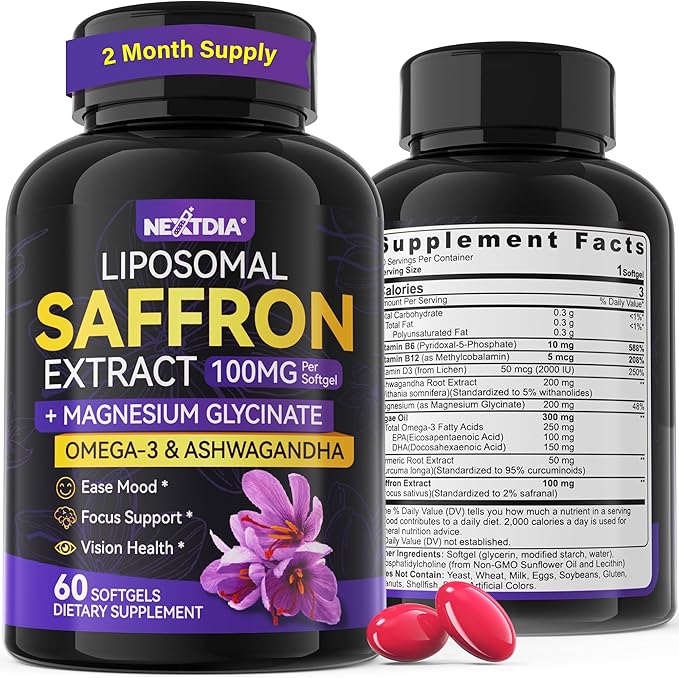 Saffron Supplements - 100mg Liposomal High Absorption 100% Pure Saffron Extract with Magnesium Glycinate Omega-3 Turmeric Ashwagandha Vitamin B6 B12 D3 for Mood Brain - 60 Softgels.