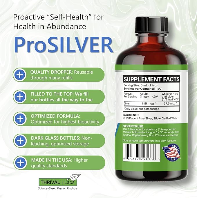 Ionic Colloidal Silver Liquid 20 PPM Bio Active for Immune Support Glass Bottle 32oz 192 Servings Organic Supplement
