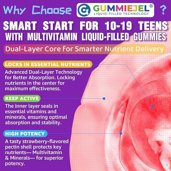 Multivitamin Filled Gummies for Teen Boys Girls 12-17 18 19 Kids 10+ Multivitamin with Omega 3 Calcium + Magnesium + Zinc Multi-Minerals for Adolescent 10-19S Brain Bone Energy Immune