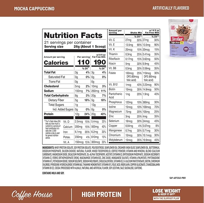 Bundle SlimFast High Protein Meal Replacement Powder Caffeine Mocha Cappuccino 21 Servings + Protein Shake Mocha Latte- 20g Protein Meal Replacement Shake Ready to Drink 11 Fl Oz (Pack of 12)