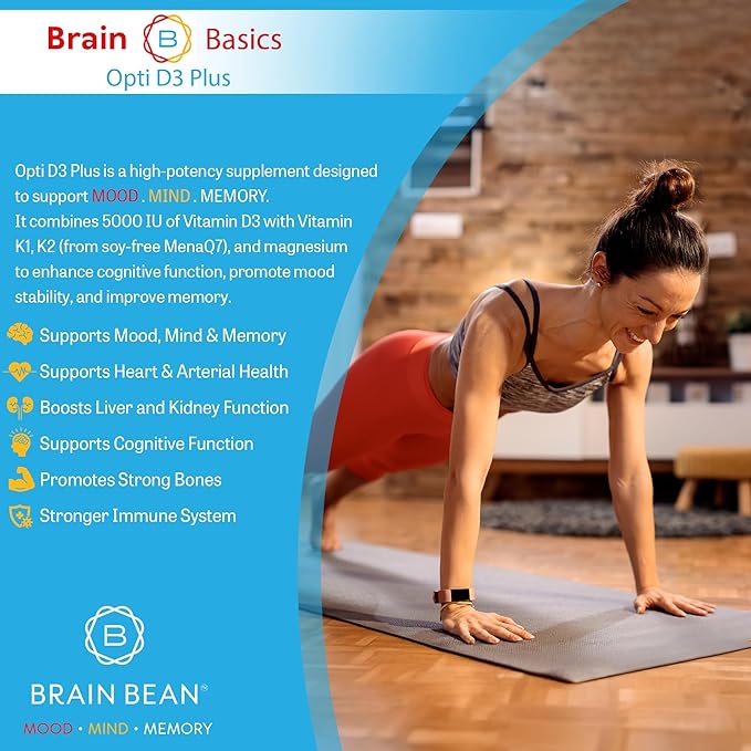Brain Basic Opti D3 Plus - Vitamin D3 5000 IU with K1 K2 and Magnesium - Brain Support Supplement for Mood Mind Memory - Bone Muscle and Immune Health - Gluten Free Soy Free and Dairy Free