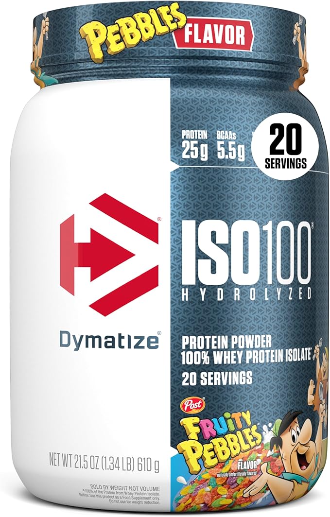 Dymatize x Fruity Pebbles ISO100 Whey Protein Powder Isolate 25g of Protein 20 Servings 5.5g BCAAs 120 Cal. Gluten Free 1g Fat 1g Sugar 2g Carb