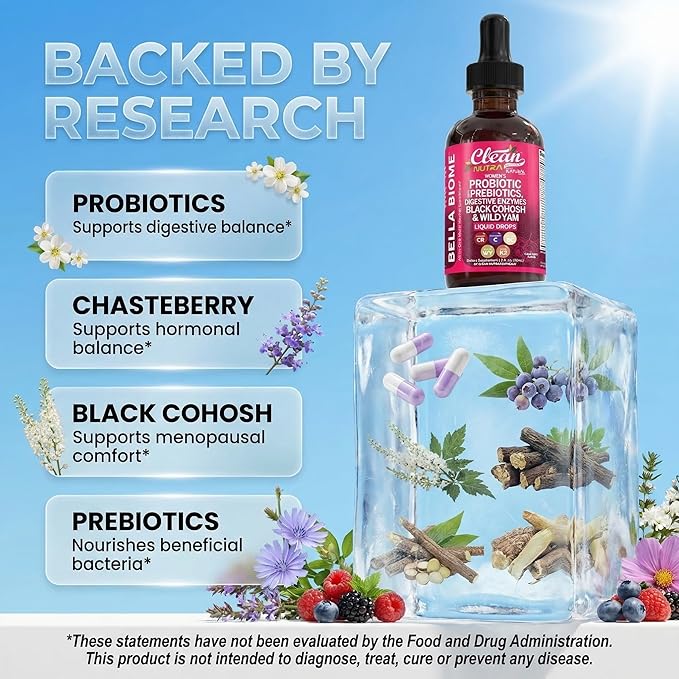 Liquid Probiotics for Women Drops with Chasteberry Black Cohosh Prebiotics Digestive Enzymes Evening Primrose Oil Wild Yam Cranberry Dmannose and Iron Vitamin D3 K2 Clean Nutra Bella Biotics