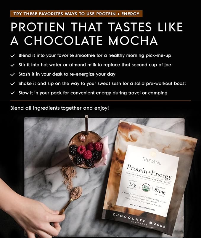 Truvani Protein + Energy Drink Mix with 87mg Caffeine | Chocolate Mocha | 12g Organic Plant Based Protein | 20 Servings | USDA Organic Coffee Powder &amp Adaptogens | Gluten &amp Dairy Free | Vegan