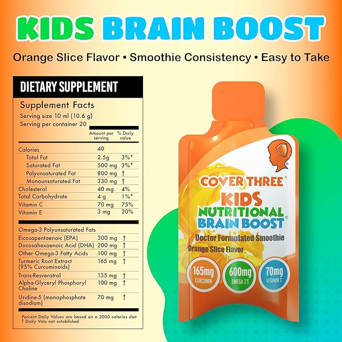 Cover Three Supplements for Kids Brain Supplement Smoothie Omega 3 Liquid Childrens DHA Fish Oil Kids Focus and Attention Emotional Support 20 Pouches Pack 1
