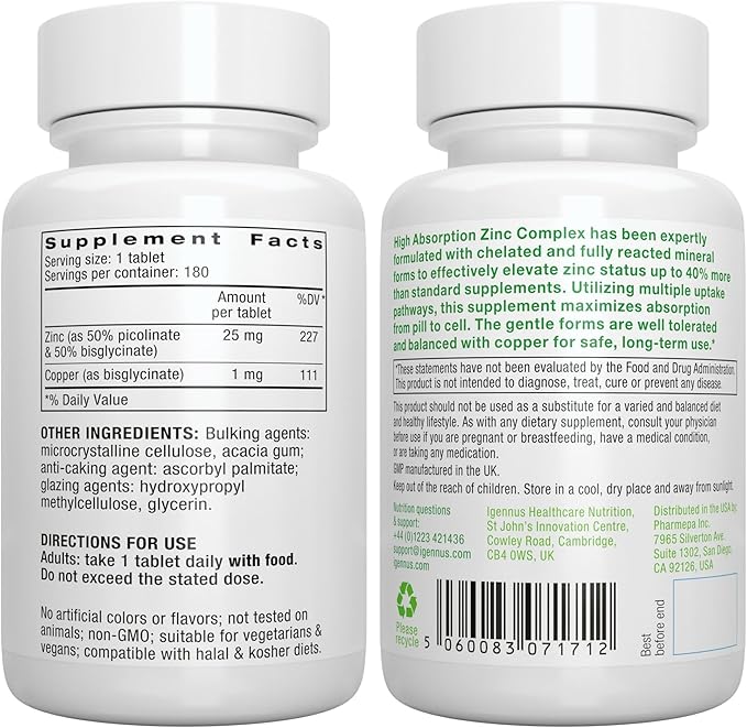 Daily Vitamin D3 + Zinc Complex Vegetarian Bundle 365 2000iu Vitamin D3 Tablets + 25mg Chelated Zinc Picolinate &amp Bisglycinate with Copper by Igennus