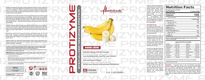 Metabolic Nutrition Protizyme 100% Whey Protein Powder High Protein Low Carb Low Fat Whey Protein Digestive Enzymes 24 Essential Vitamins and Minerals 4 Pound (52 ser)