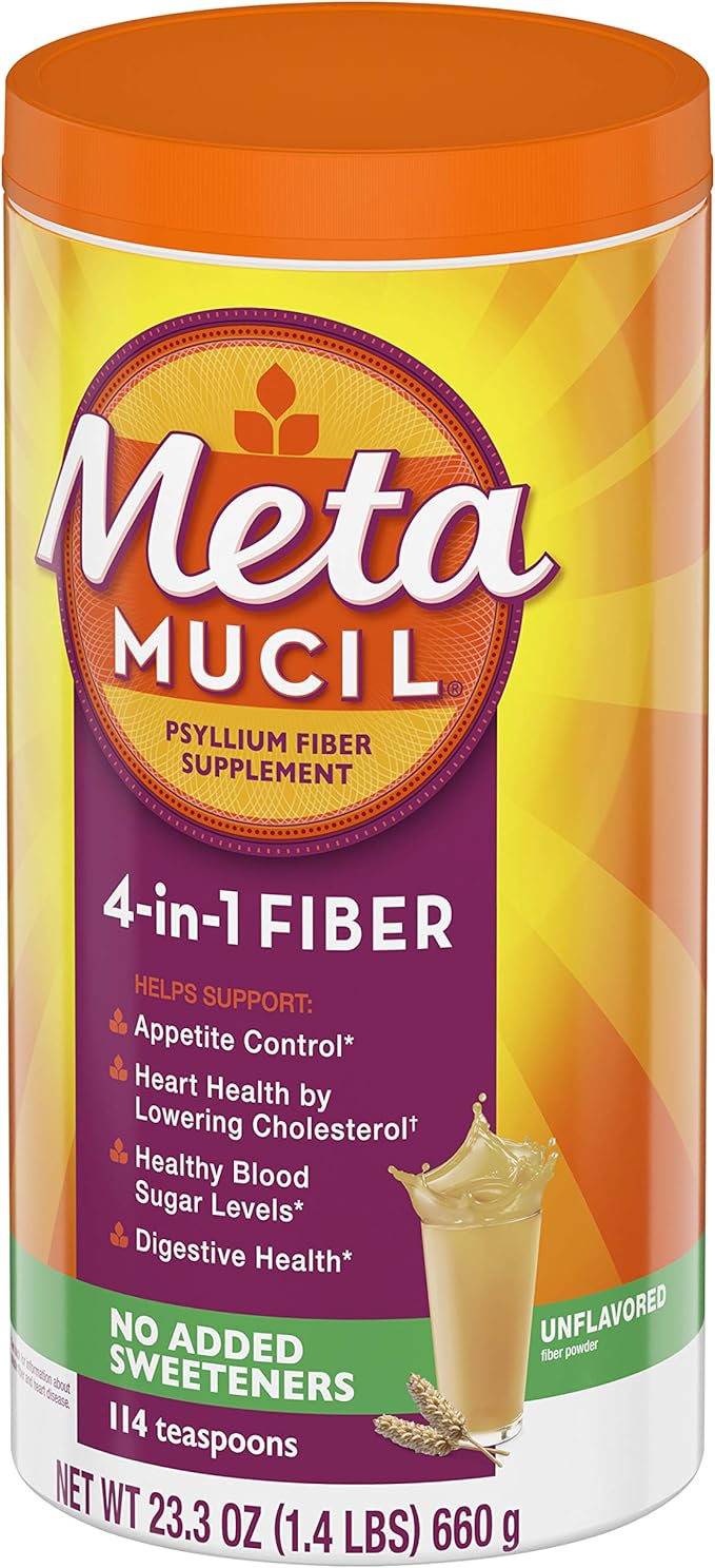 Metamucil Fiber 4-in-1 Psyllium Fiber Supplement Sugar Free Powder Unflavored Drink 114 Servings (Packaging May Vary)