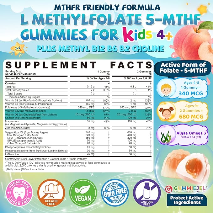 Kids Multivitamin Gummies w/Calcium Probiotics Vitamin D3 C Methylated B12 &amp Methylfolate + Kids L-Methylfolate Gummies Active 5-MTHF + Methyl B12 Cofactor Vitamin B6 B2 Choline Vegan Ome