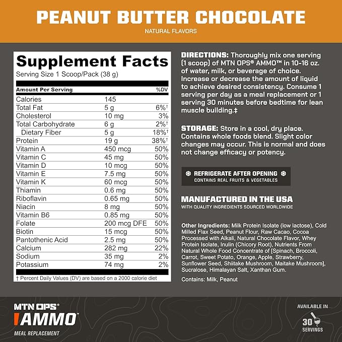 MTN OPS Ammo Meal Replacement Shake Powder – 19g Protein 10g Flaxseed 4.5g Whole Foods Real Fruits &amp Vegetables – Daily Nutrition &amp On-the-Go Fuel 30 Servings Peanut Butter Chocolate