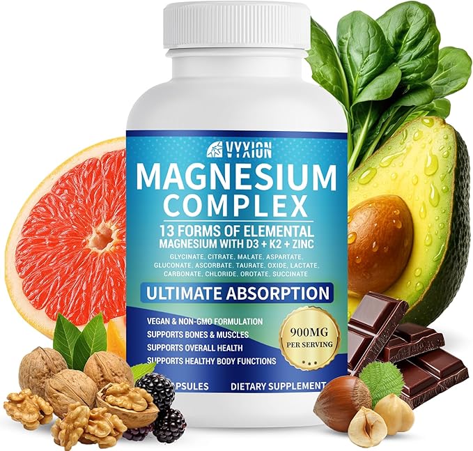 VYXION Magnesium Complex 900mg per Serving – High Absorption Magnesium Glycinate with Vitamin D3 K2 Zinc &amp B Vitamins – Sleep Calm Muscle &amp Nerve Support – 90 Capsules