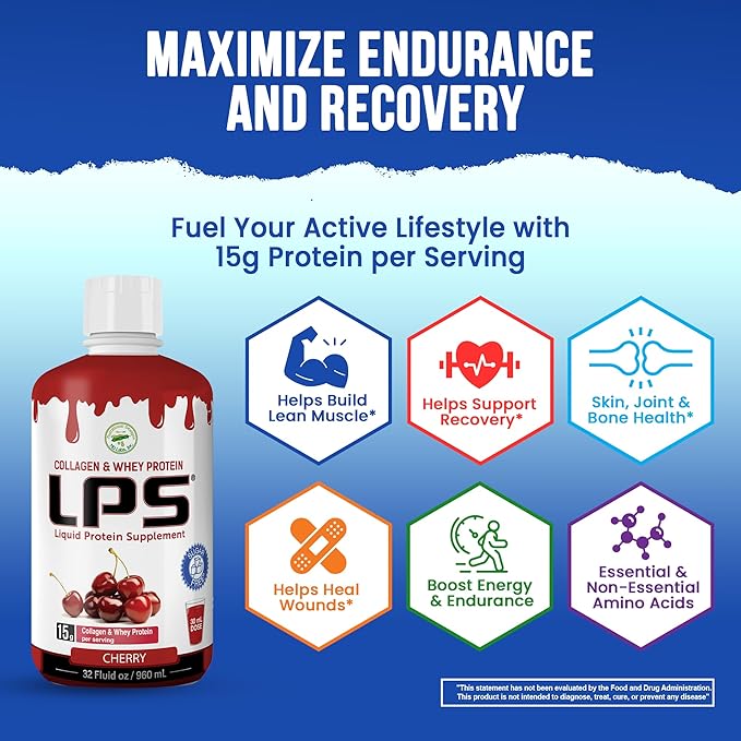 Lps Liquid Collagen &amp Whey Protein Supplement - Sugar-Free Dye-Free Non-Gmo Drink - Hydrolyzed Collagen &amp Whey Peptides Promotes Healthy Skin &amp Hair For Men &amp Women Cherry 32 Fl Oz