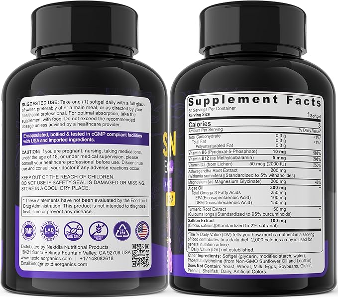 Saffron Supplements - 100mg Liposomal High Absorption 100% Pure Saffron Extract with Magnesium Glycinate Omega-3 Turmeric Ashwagandha Vitamin B6 B12 D3 for Mood Brain - 60 Softgels.
