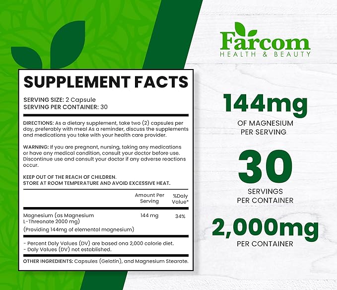 Magnesium L-Threonate Capsules Enhanced Memory stabilizing Emotions slowing Down of neurological Illnesses. 60 Magnesium L-Threonate Capsules.